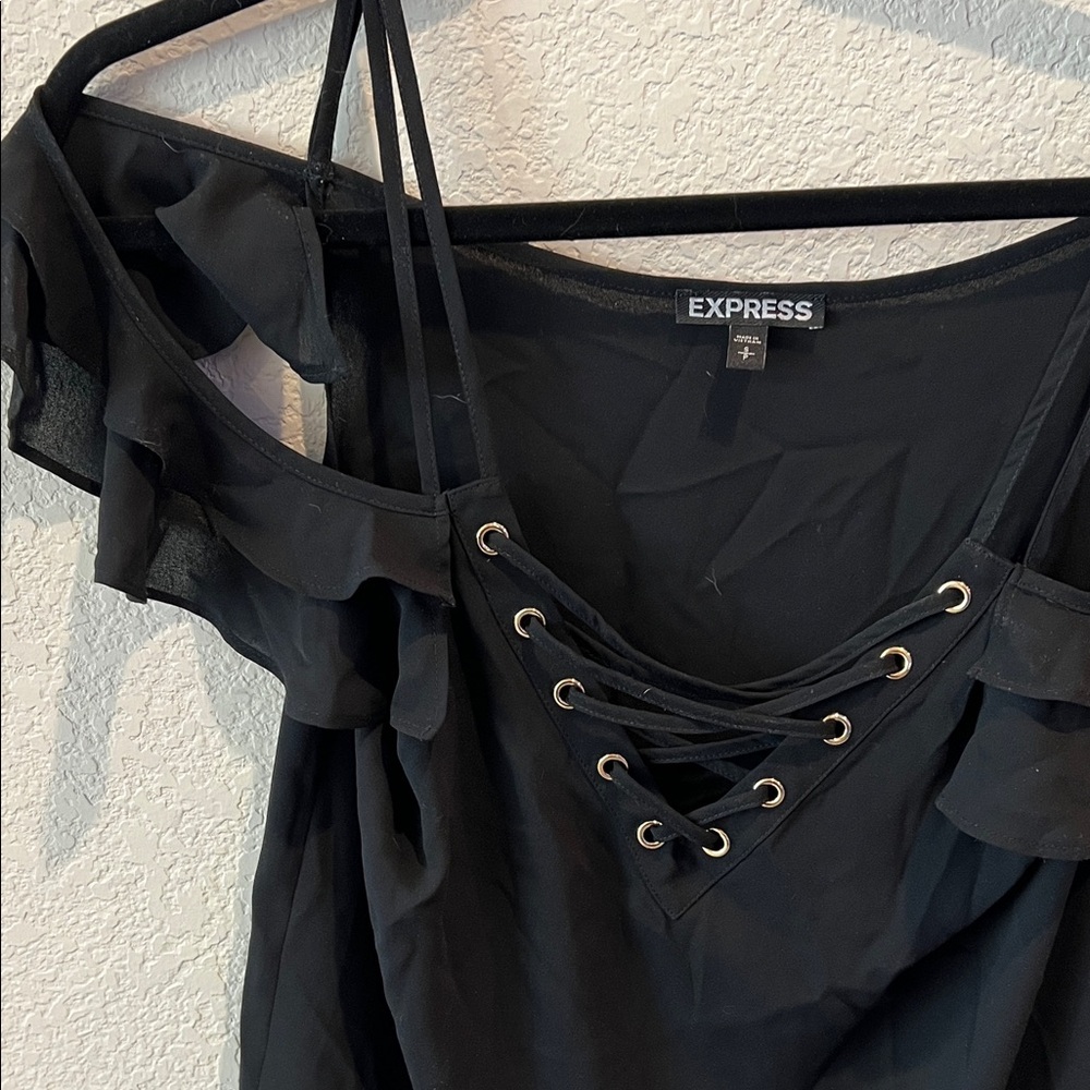 Express Black Lace-Up Ruffle Blouse - Picture 2 of 6